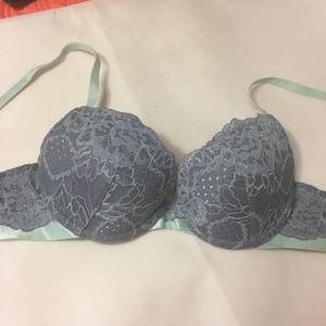 Lavender colored push up lace bra with mint straps